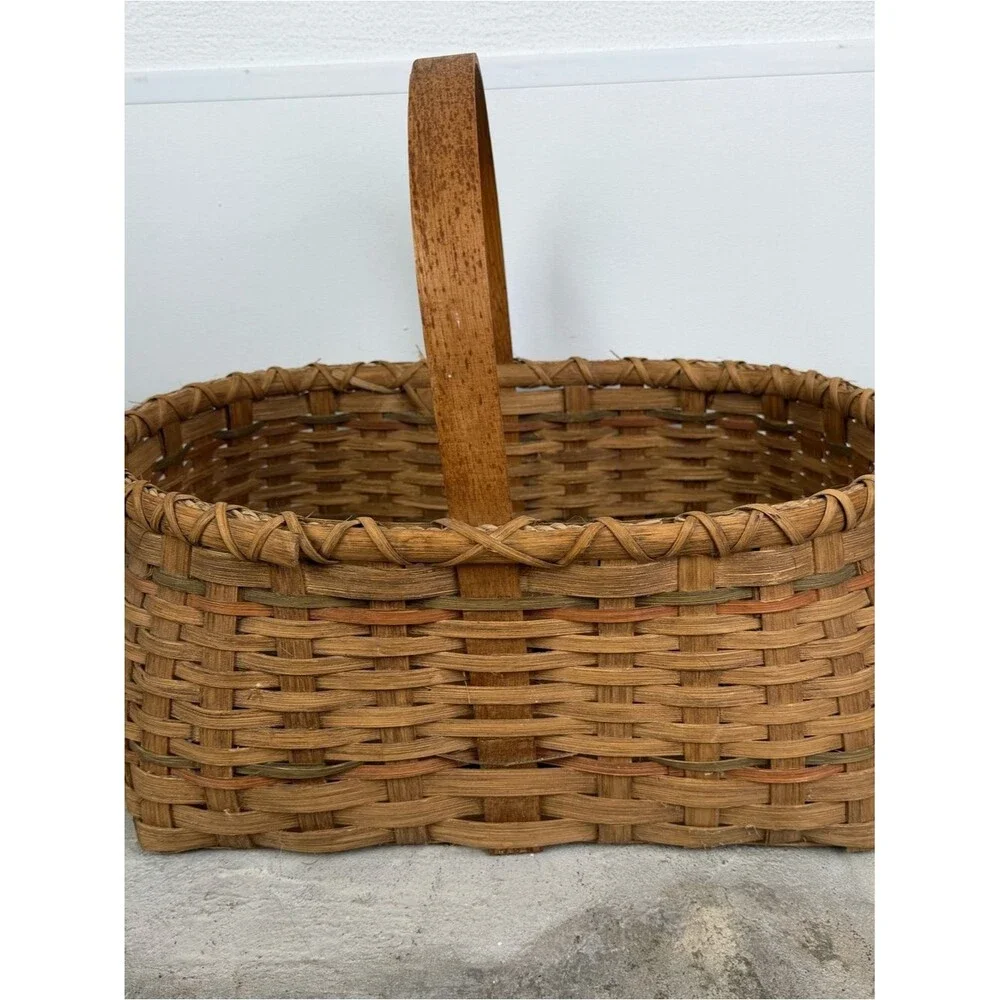 Vintage 1970-1980’s Woven Rustic Wicker Market Basket Large Oval Single Handle